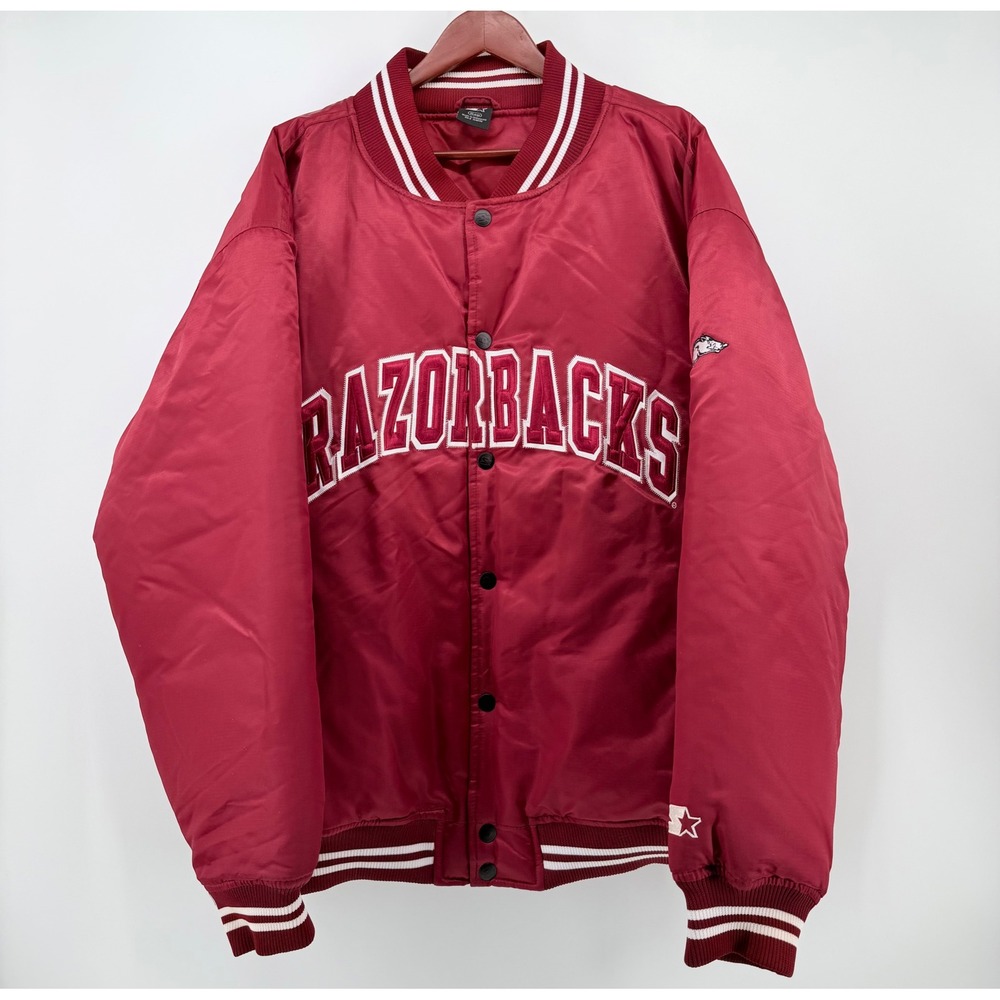 Vintage Starter XL Arkansas Razorbacks Satin Bomber Jacket Red  90s Sleeve Patch